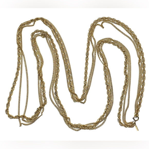 Vintage Signed Monet 54” Long Gold Tone Multi Strand Necklace Layering - Picture 5 of 9